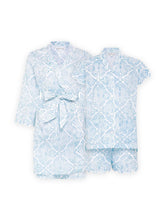 Load image into Gallery viewer, Ice Blue Filigree Bundle: Short Classic Robe + PJ with Shorts
