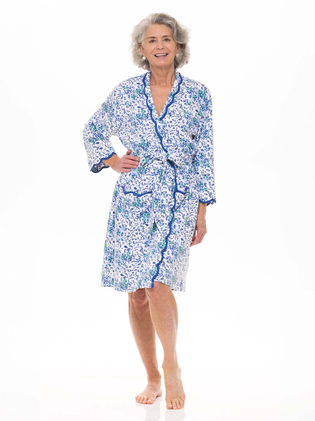 Blue Floral Pima Knit Short Classic Robe