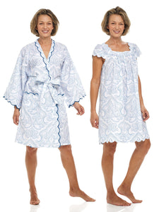 Blue Paisley Bundle: Short Kimono Robe + Cap Sleeve Short Nightgown