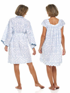 Blue Paisley Bundle: Short Kimono Robe + Cap Sleeve Short Nightgown