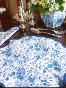 Blue Floral Block Print Scalloped Napkin and Placemat (Set of 4)