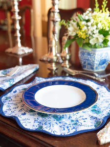 Blue Floral Block Print Scalloped Napkin and Placemat (Set of 4)