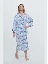 Load and play video in Gallery viewer, Blue Floral Print Kimono Robe with Scalloping
